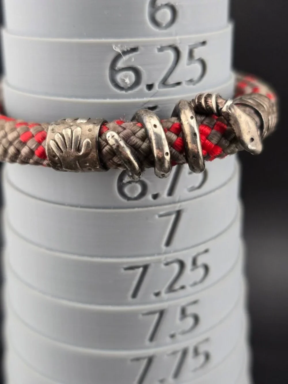 Vintage Mens Snake Red and Gray Cord Bracelet Metal Accents 6.25